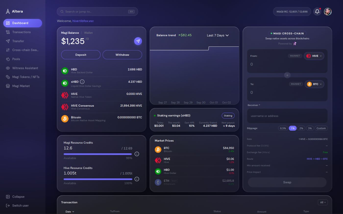 Altera wallet dashboard: Magi balance, staking earnings, market prices and cross-chain swap