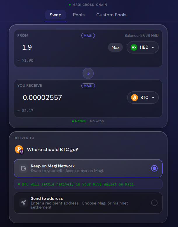 Altera cross-chain swap: swap HBD to native BTC on Magi